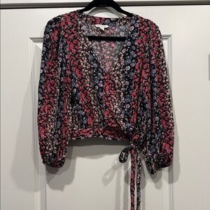 American Eagle Outfitters Floral Wrap Blouse - Pink and Black